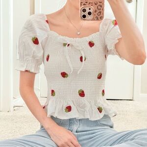 #024 | Strawberry Embroidery Smocked Puff Sleeve Peplum Top | S